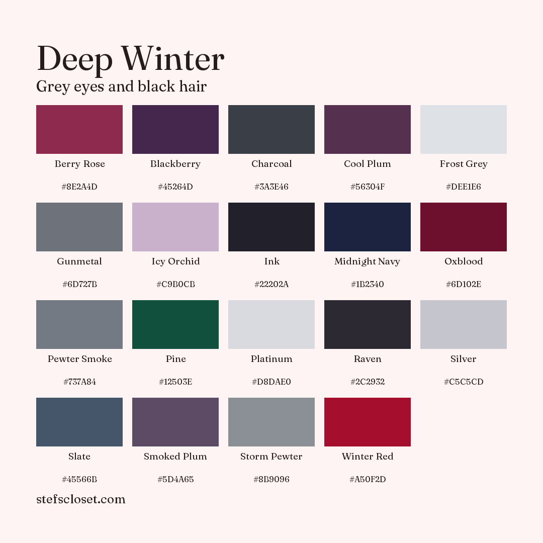Deep Winter palette: 19 colors, Berry Rose, Blackberry, Charcoal, and more, each with its hex code.