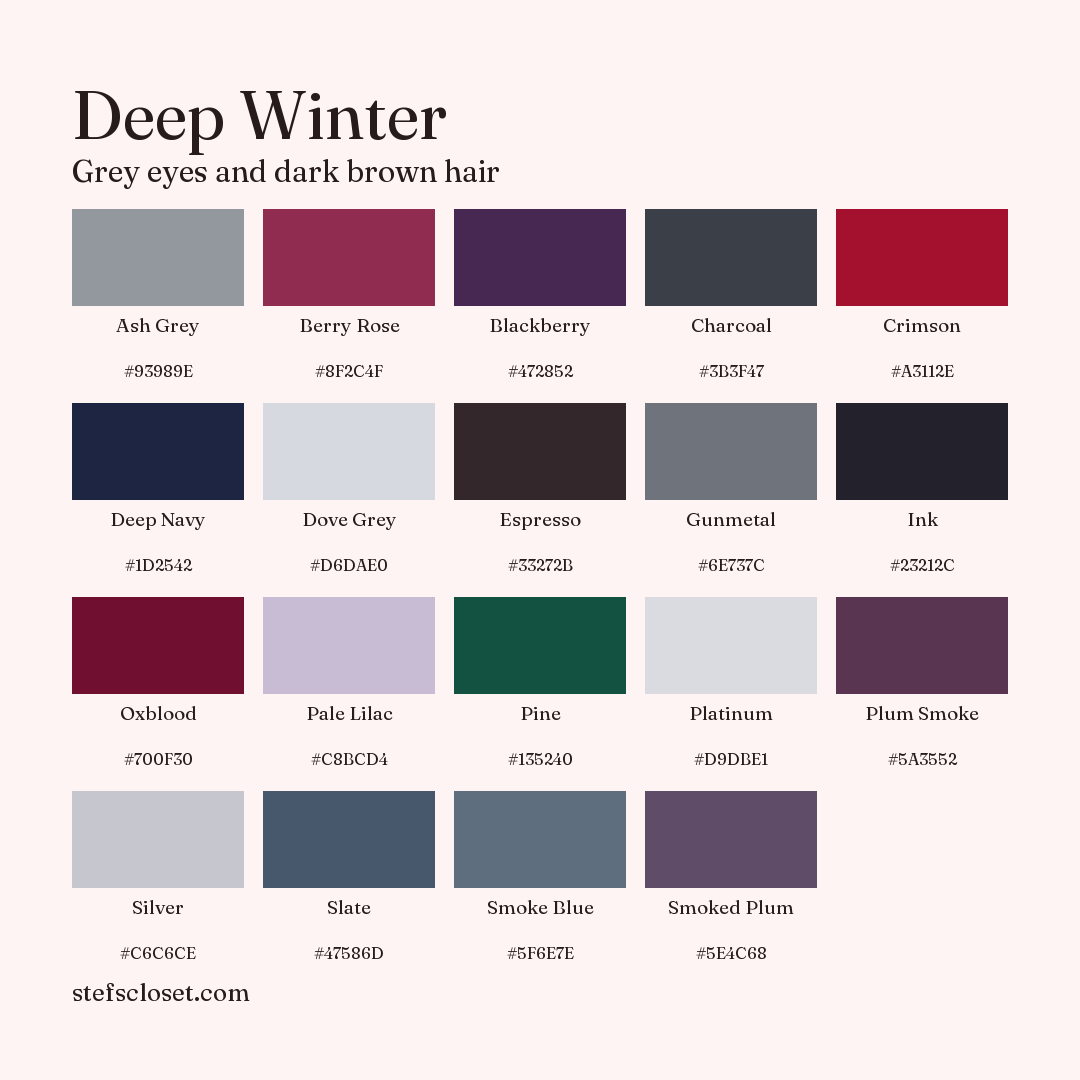 Deep Winter palette: 19 colors, Ash Grey, Berry Rose, Blackberry, and more, each with its hex code.