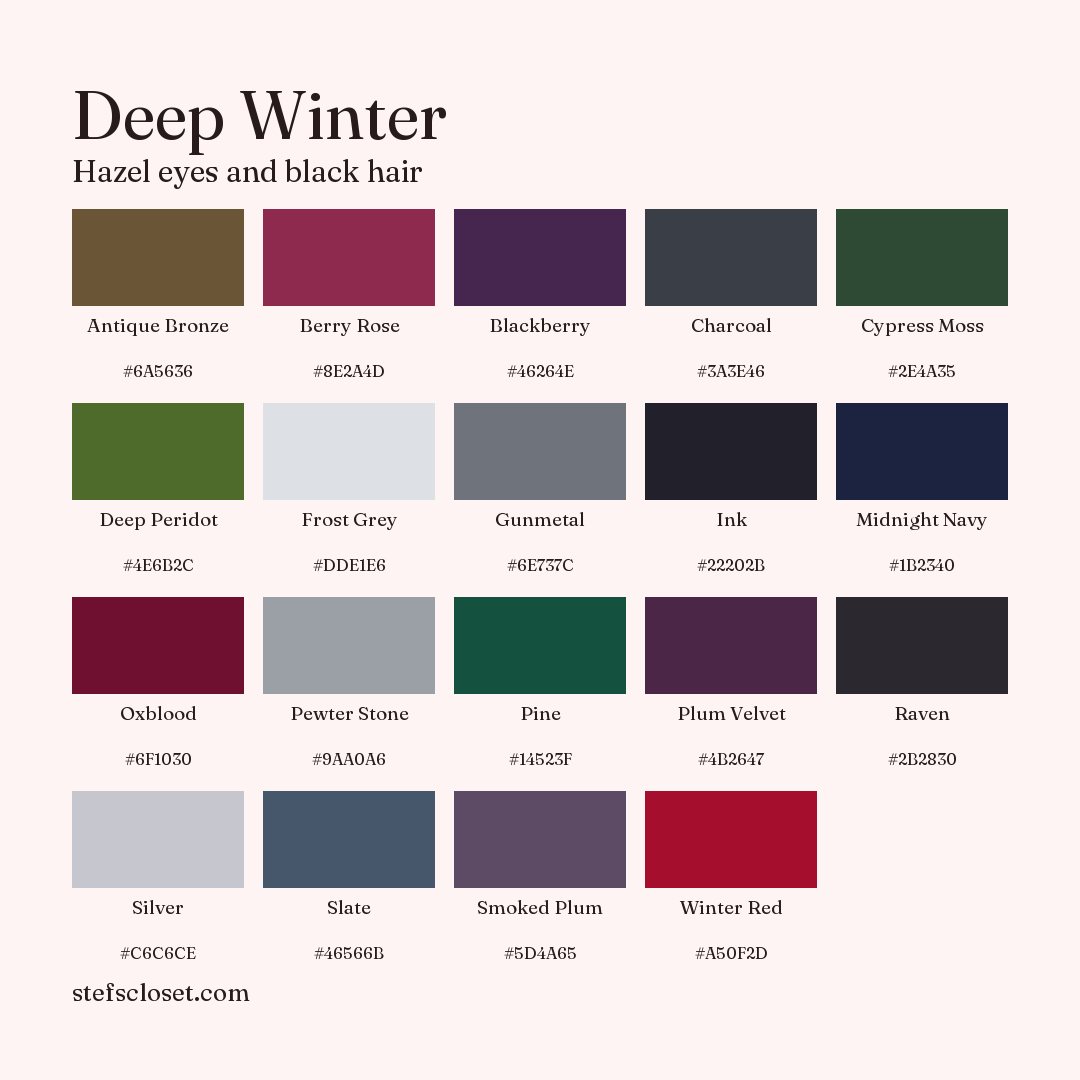Deep Winter palette: 19 colors, Antique Bronze, Berry Rose, Blackberry, and more, each with its hex code.