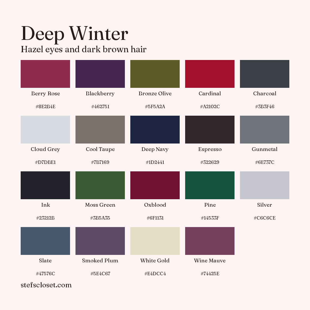 Deep Winter palette: 19 colors, Berry Rose, Blackberry, Bronze Olive, and more, each with its hex code.