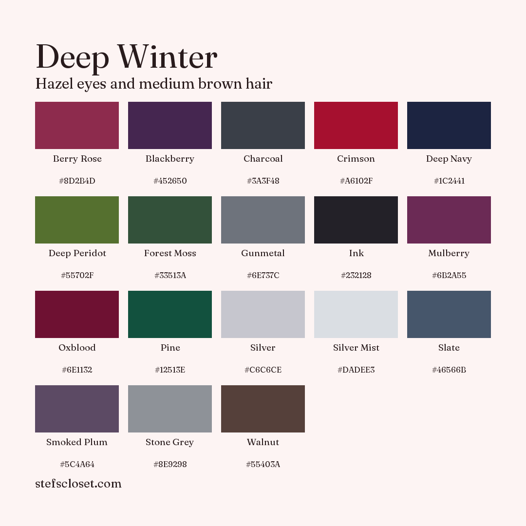 Deep Winter palette: 18 colors, Berry Rose, Blackberry, Charcoal, and more, each with its hex code.