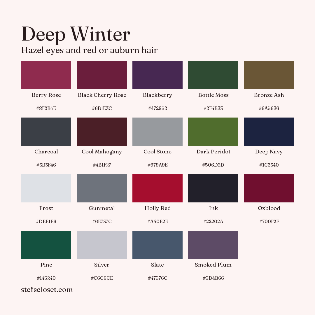 Deep Winter palette: 19 colors, Berry Rose, Black Cherry Rose, Blackberry, and more, each with its hex code.