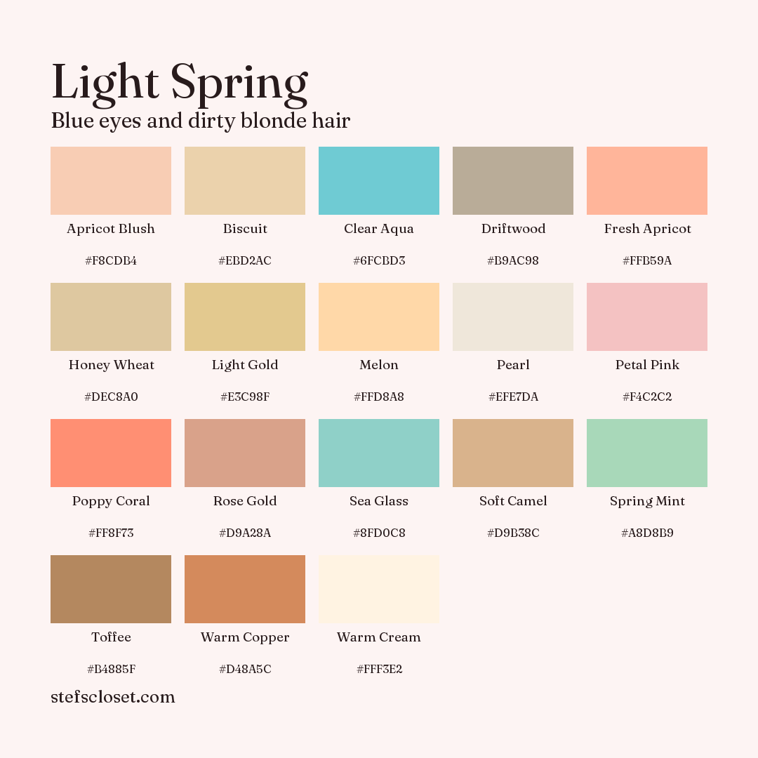 Light Spring palette: 18 colors, Apricot Blush, Biscuit, Clear Aqua, and more, each with its hex code.