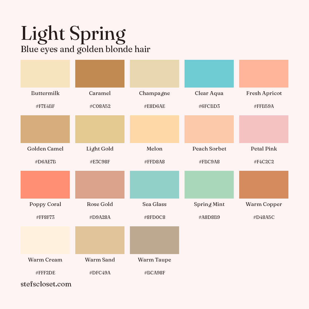Light Spring palette: 18 colors, Buttermilk, Caramel, Champagne, and more, each with its hex code.