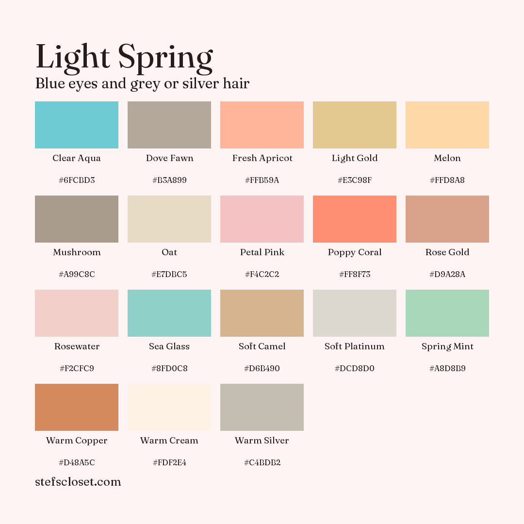 Light Spring palette: 18 colors, Clear Aqua, Dove Fawn, Fresh Apricot, and more, each with its hex code.