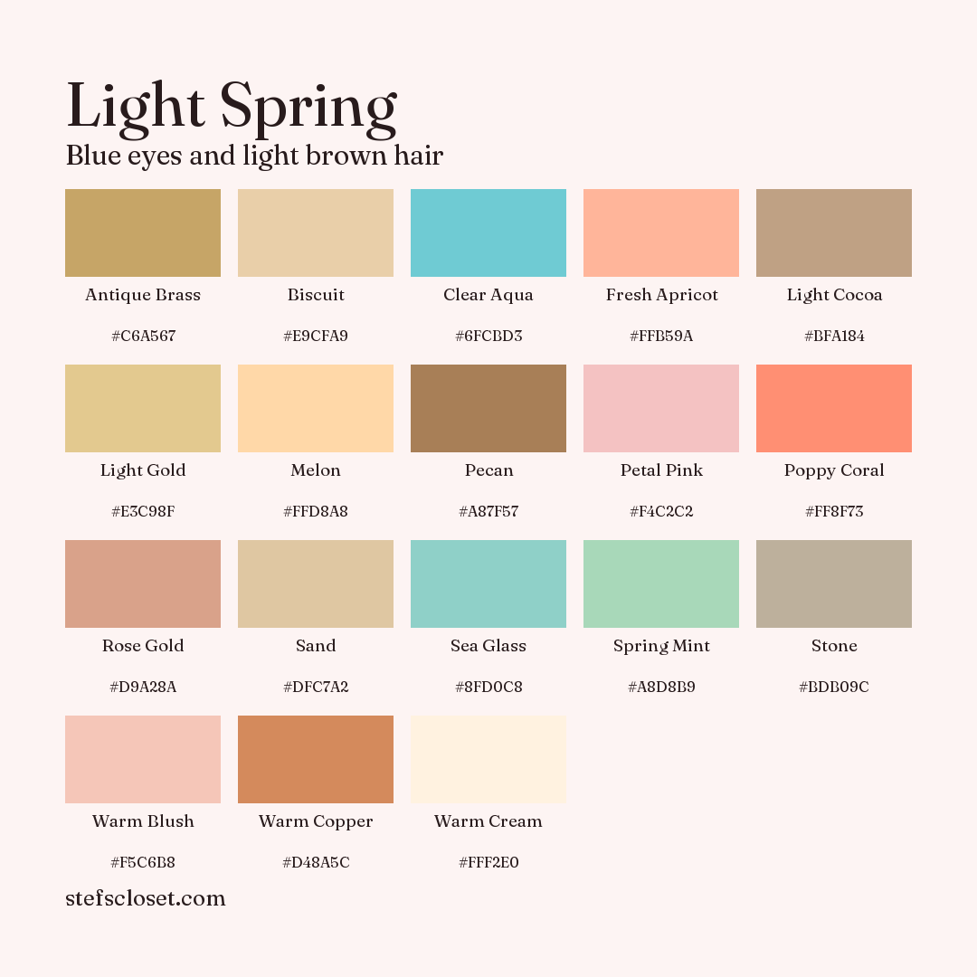 Light Spring palette: 18 colors, Antique Brass, Biscuit, Clear Aqua, and more, each with its hex code.