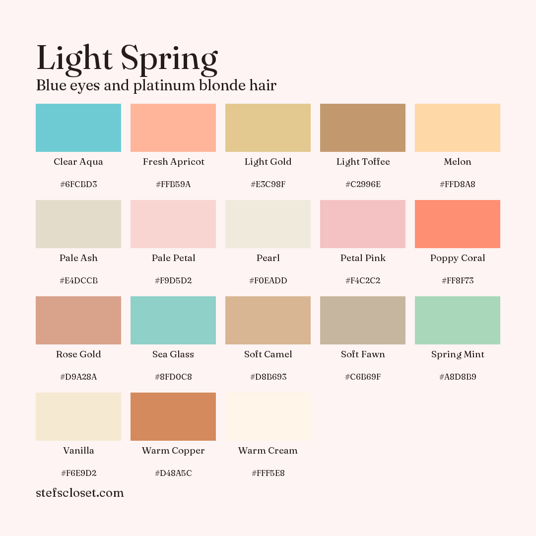 Light Spring palette: 18 colors, Clear Aqua, Fresh Apricot, Light Gold, and more, each with its hex code.