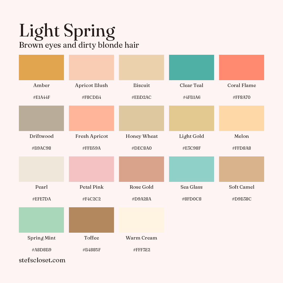 Light Spring palette: 18 colors, Amber, Apricot Blush, Biscuit, and more, each with its hex code.