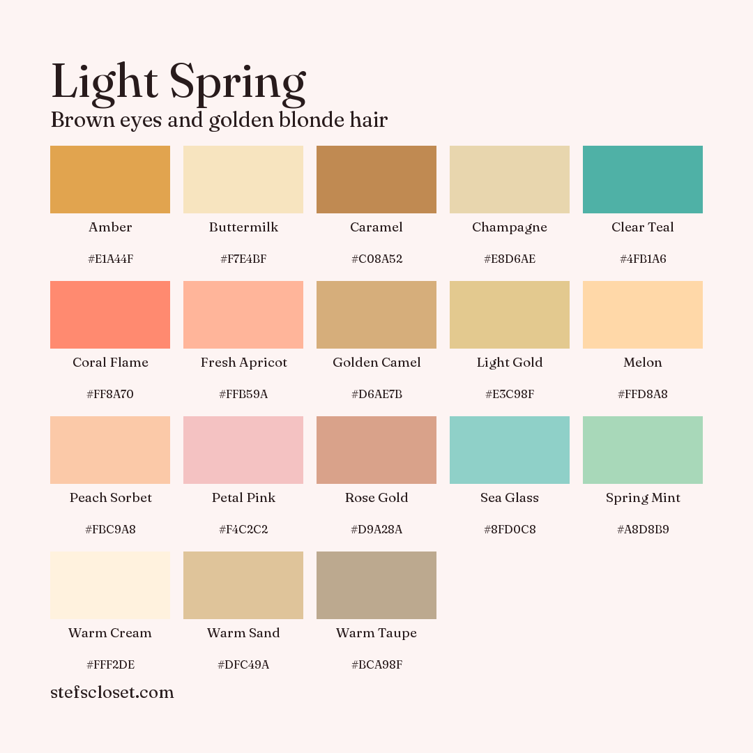 Light Spring palette: 18 colors, Amber, Buttermilk, Caramel, and more, each with its hex code.