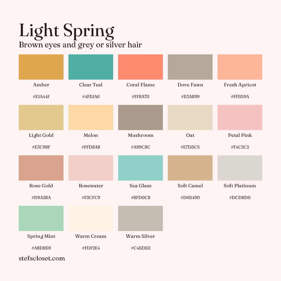 Light Spring palette: 18 colors, Amber, Clear Teal, Coral Flame, and more, each with its hex code.