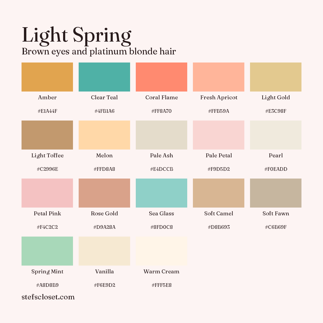 Light Spring palette: 18 colors, Amber, Clear Teal, Coral Flame, and more, each with its hex code.