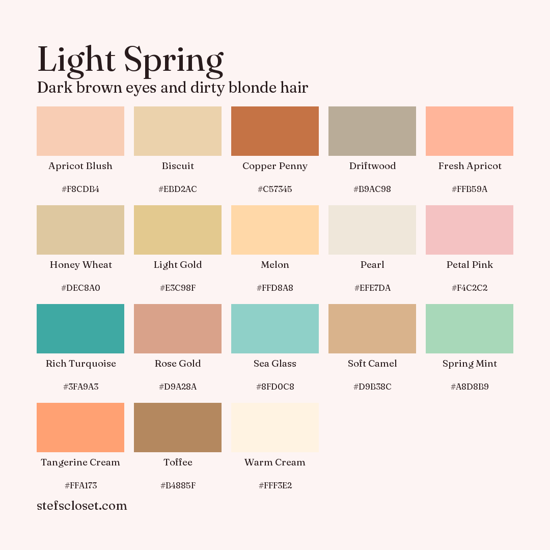 Light Spring palette: 18 colors, Apricot Blush, Biscuit, Copper Penny, and more, each with its hex code.