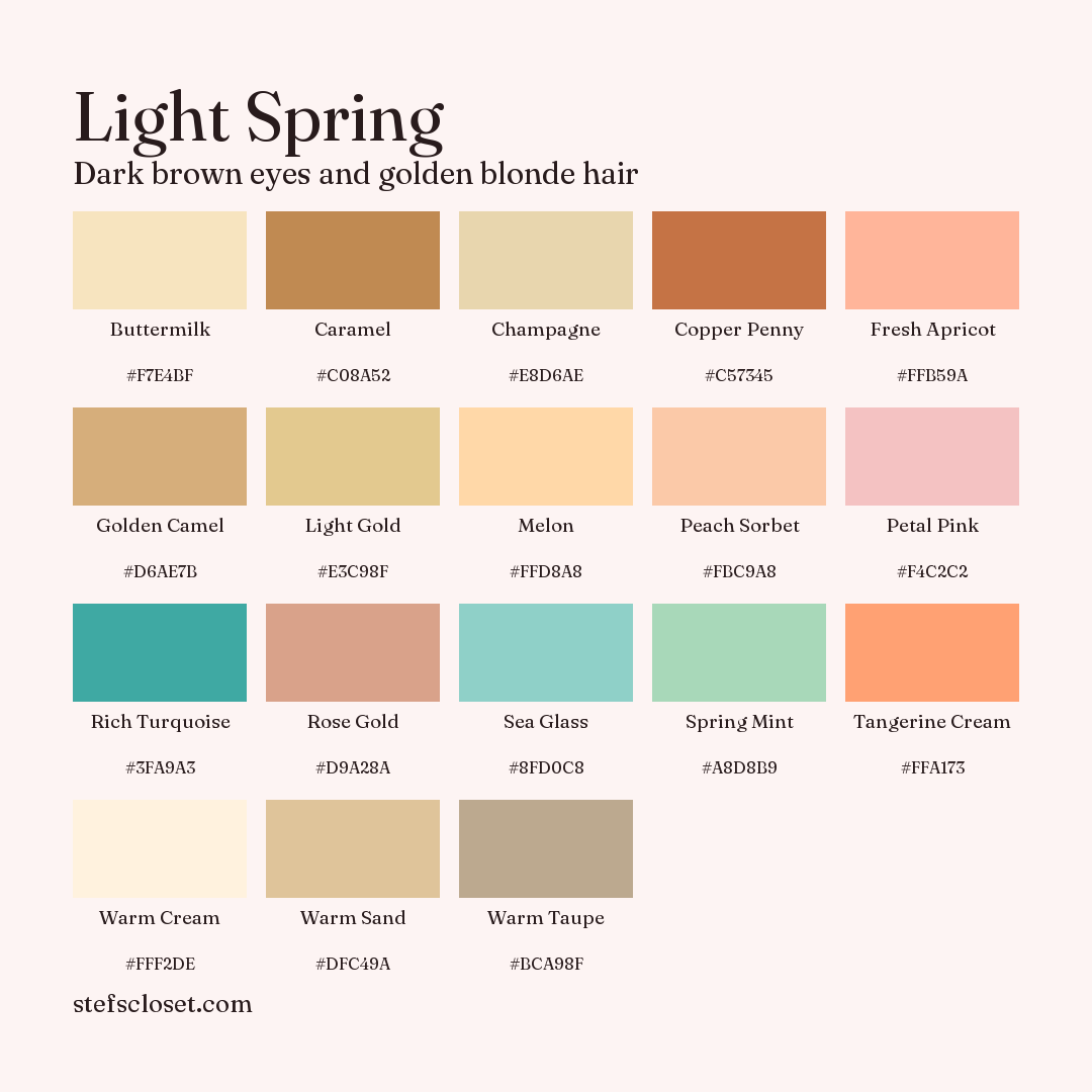 Light Spring palette: 18 colors, Buttermilk, Caramel, Champagne, and more, each with its hex code.