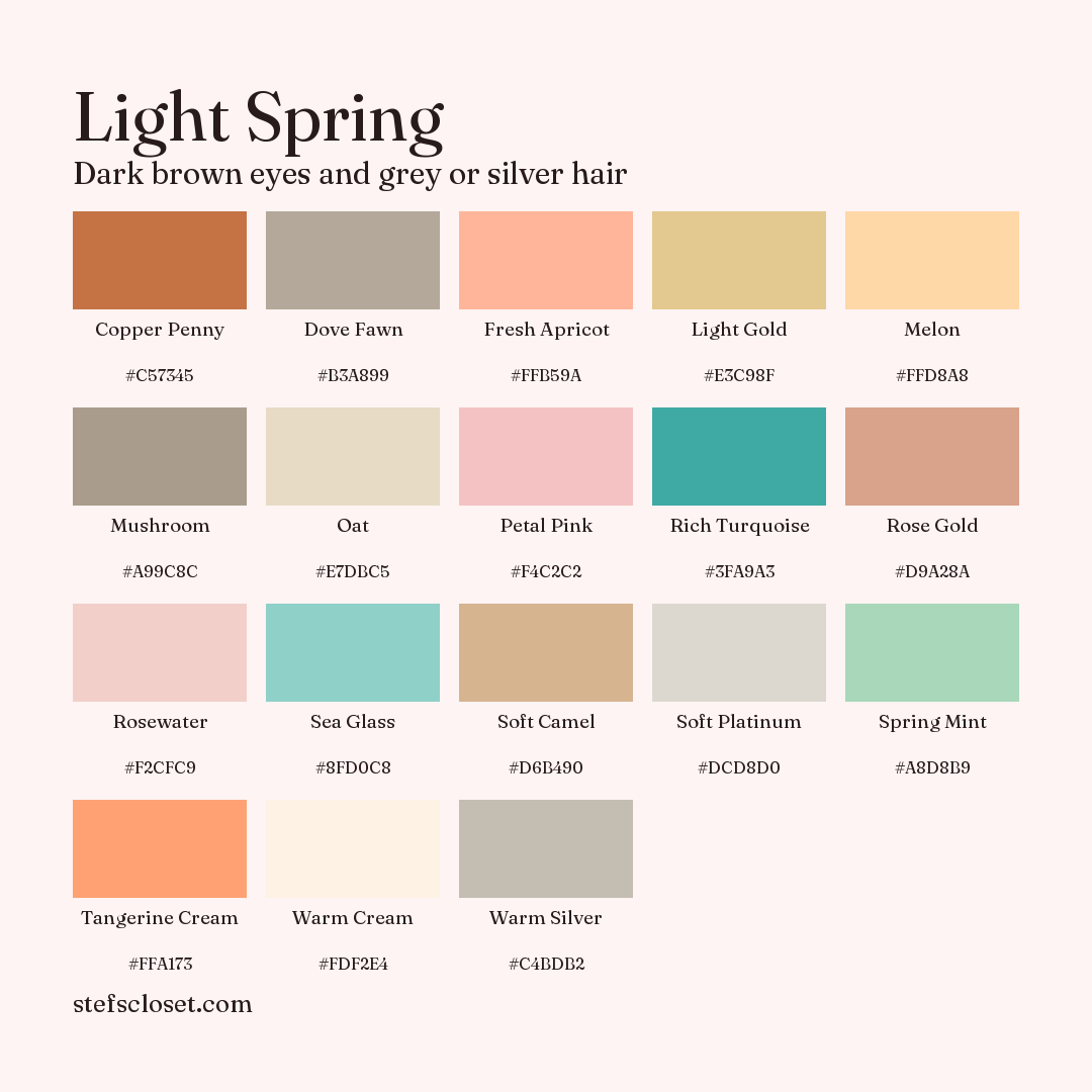 Light Spring palette: 18 colors, Copper Penny, Dove Fawn, Fresh Apricot, and more, each with its hex code.