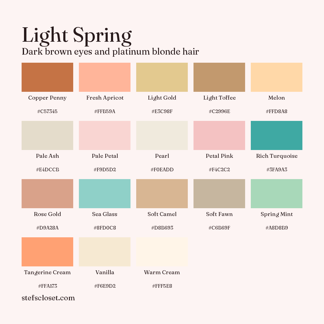 Light Spring palette: 18 colors, Copper Penny, Fresh Apricot, Light Gold, and more, each with its hex code.
