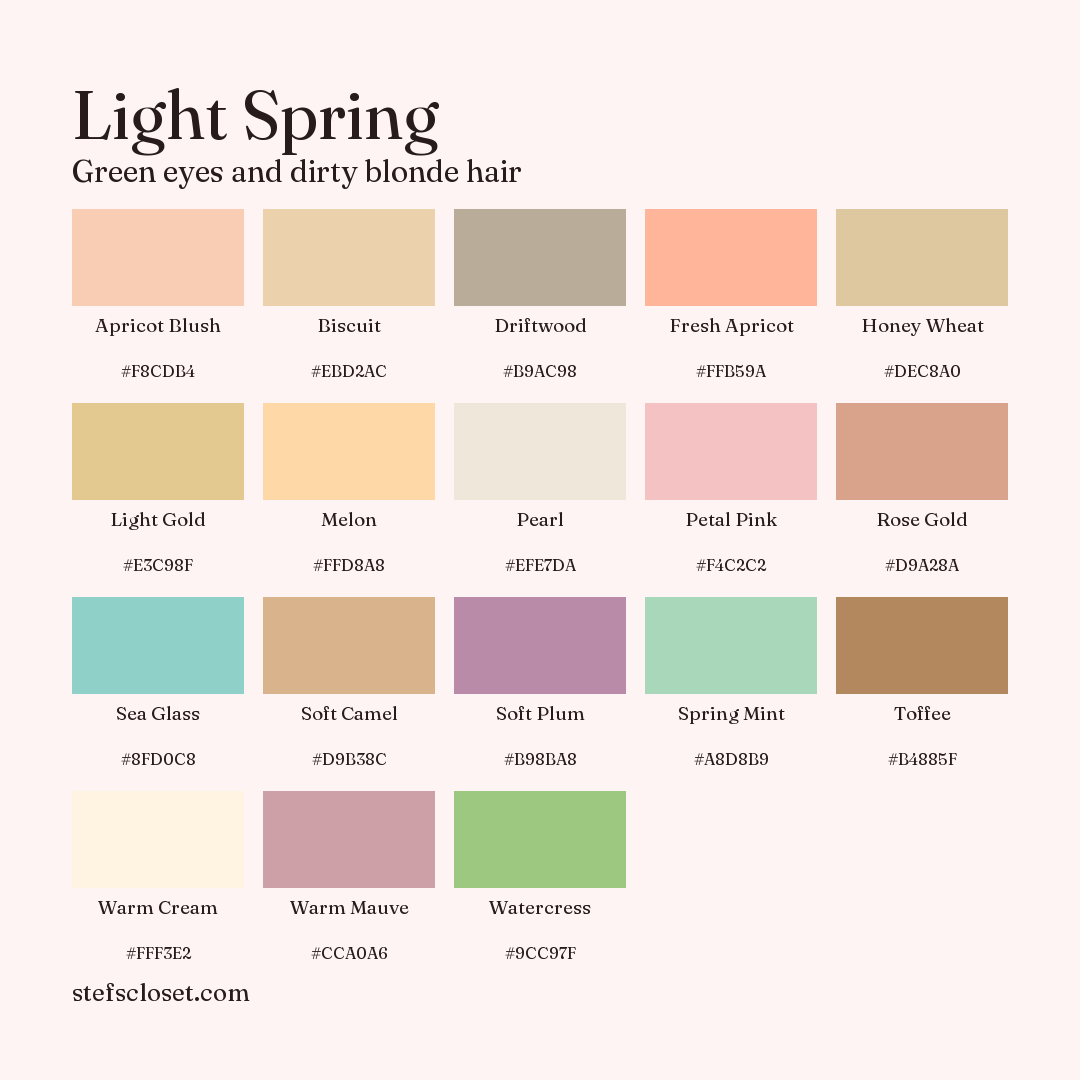 Light Spring palette: 18 colors, Apricot Blush, Biscuit, Driftwood, and more, each with its hex code.