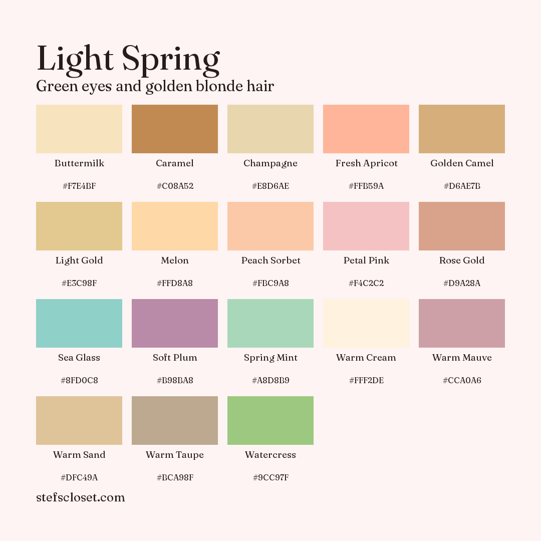 Light Spring palette: 18 colors, Buttermilk, Caramel, Champagne, and more, each with its hex code.