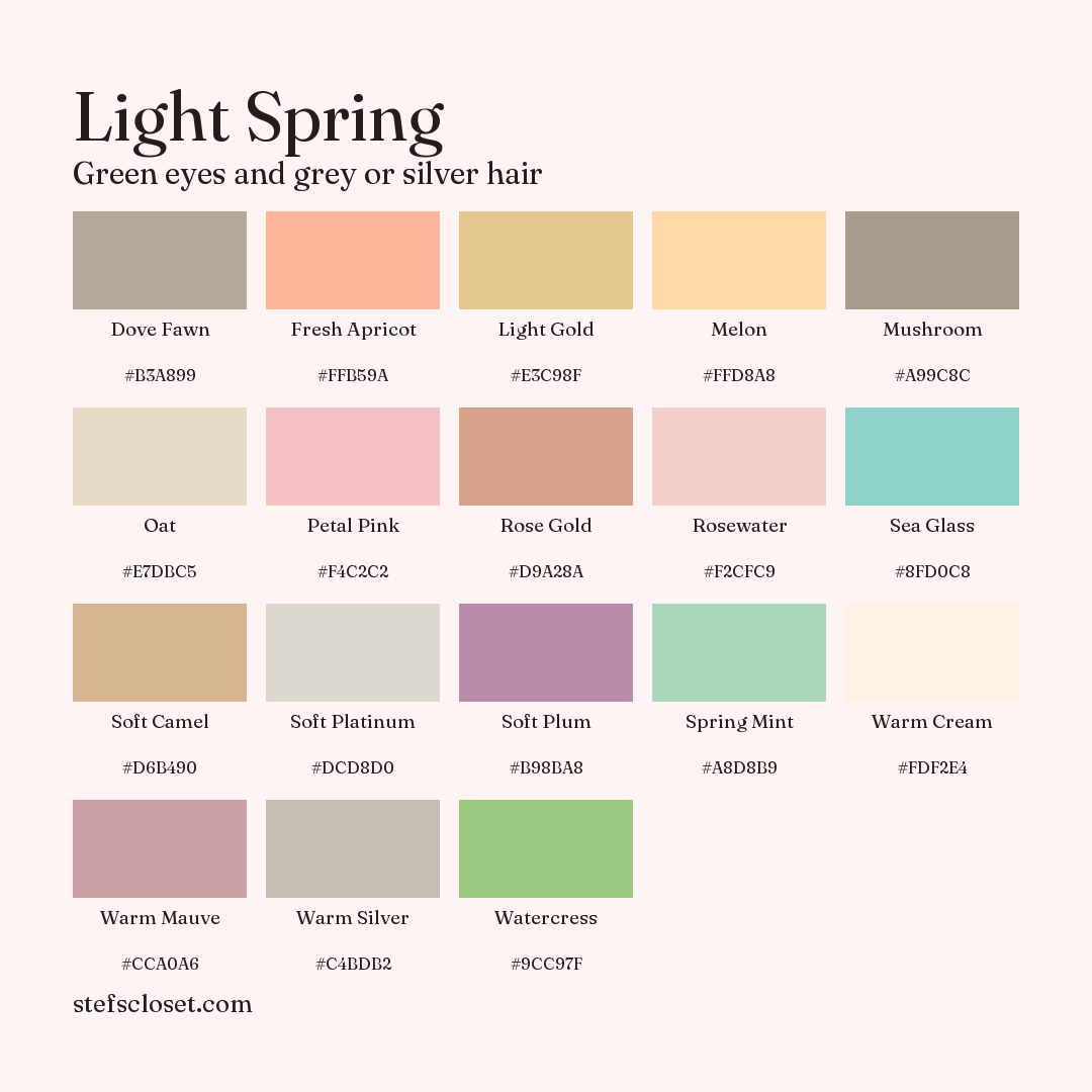 Light Spring palette: 18 colors, Dove Fawn, Fresh Apricot, Light Gold, and more, each with its hex code.