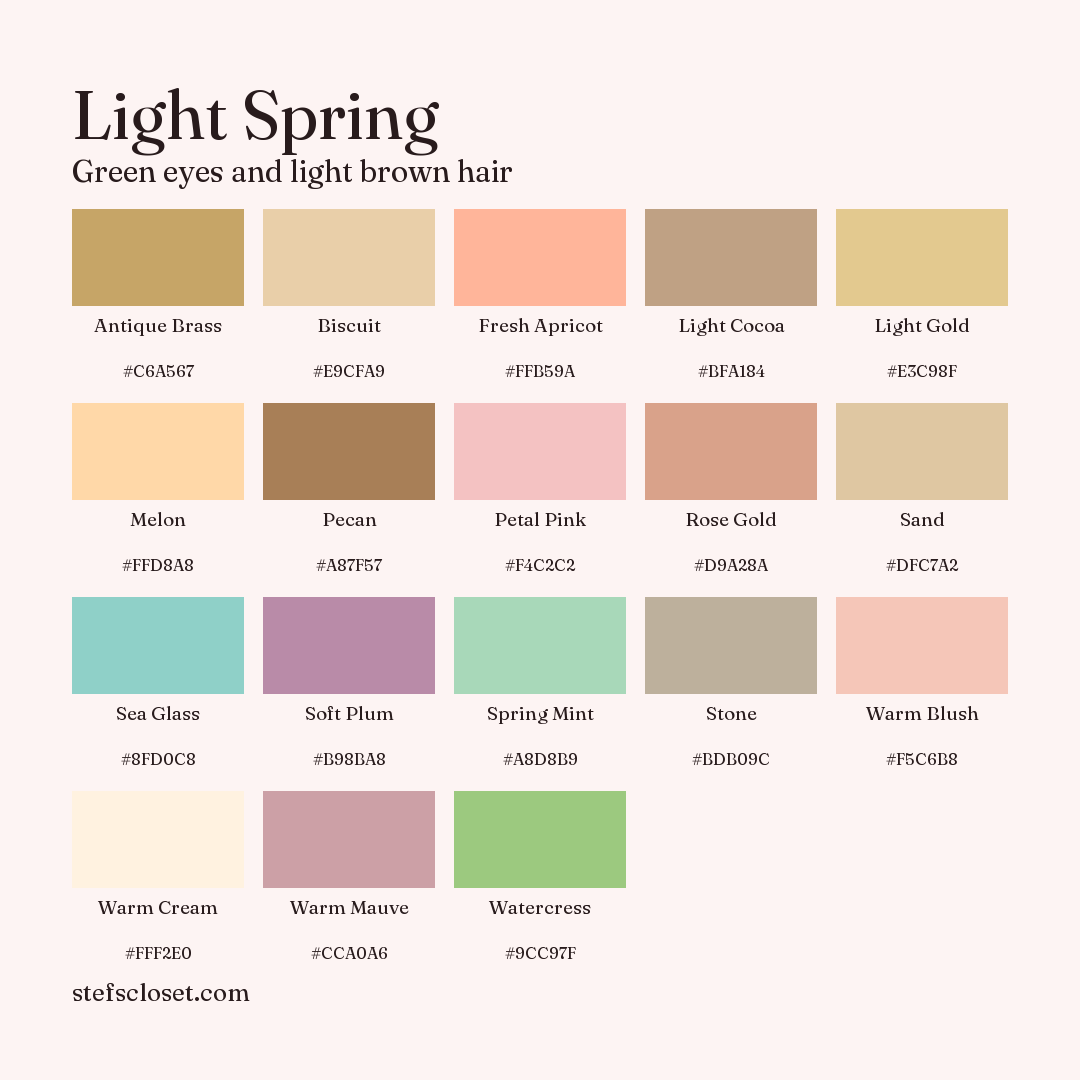 Light Spring palette: 18 colors, Antique Brass, Biscuit, Fresh Apricot, and more, each with its hex code.