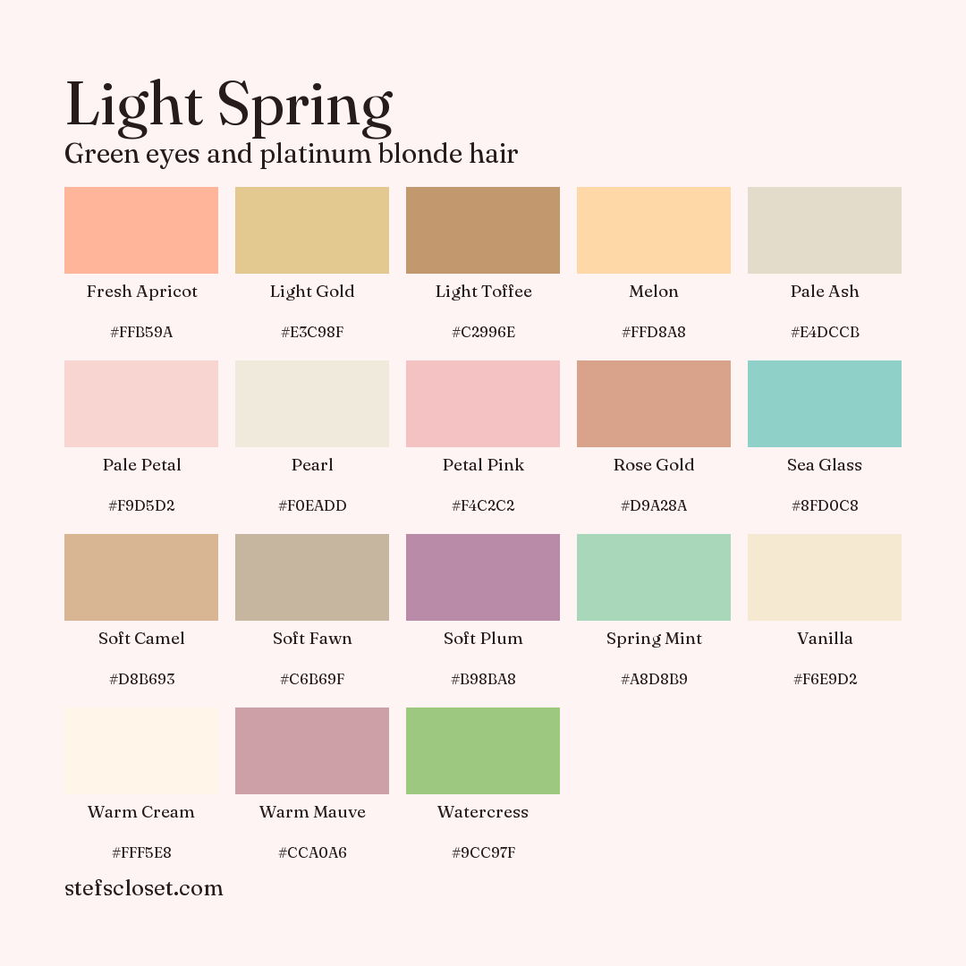 Light Spring palette: 18 colors, Fresh Apricot, Light Gold, Light Toffee, and more, each with its hex code.