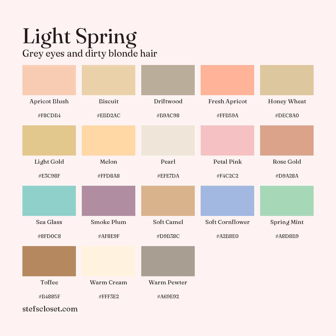 Light Spring palette: 18 colors, Apricot Blush, Biscuit, Driftwood, and more, each with its hex code.