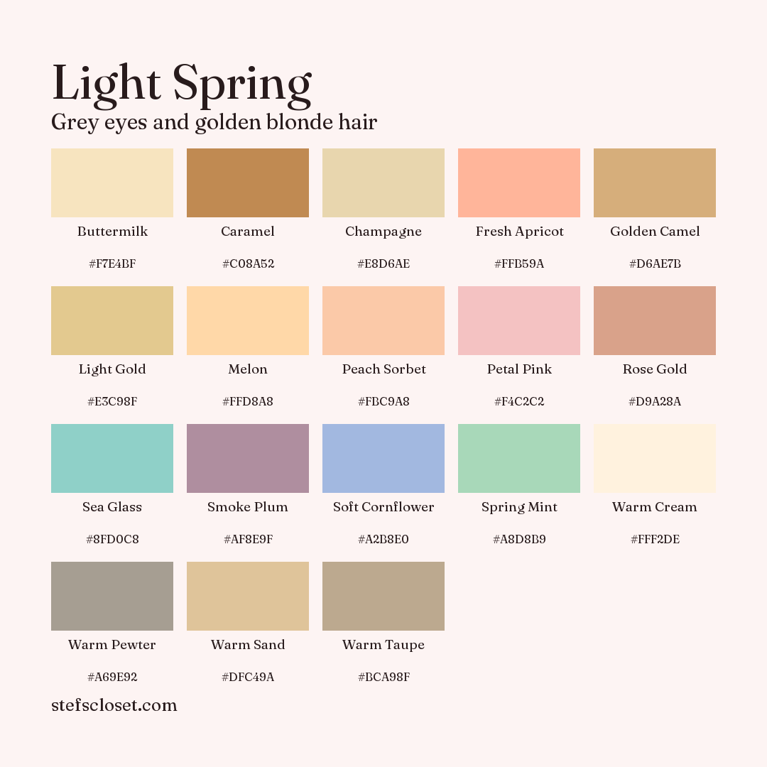 Light Spring palette: 18 colors, Buttermilk, Caramel, Champagne, and more, each with its hex code.