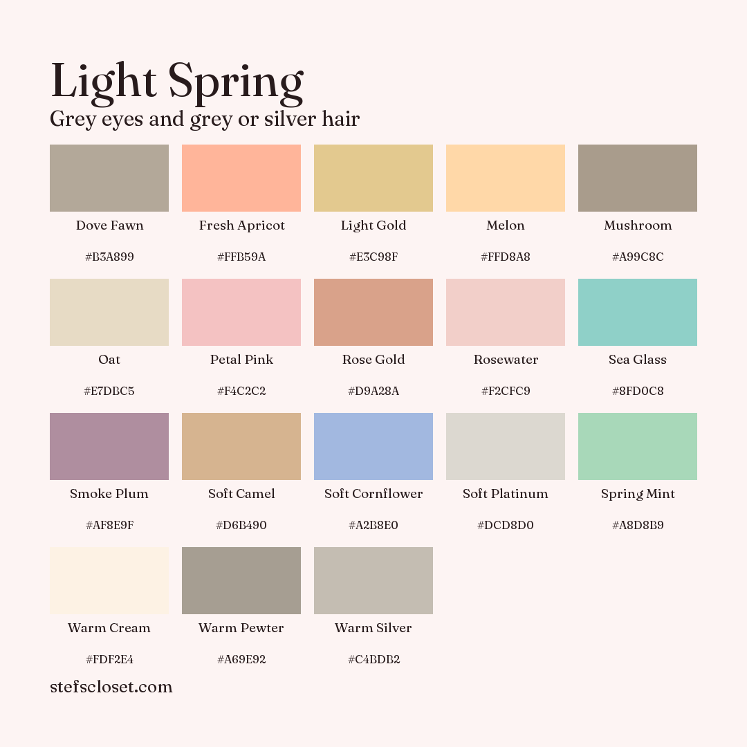 Light Spring palette: 18 colors, Dove Fawn, Fresh Apricot, Light Gold, and more, each with its hex code.