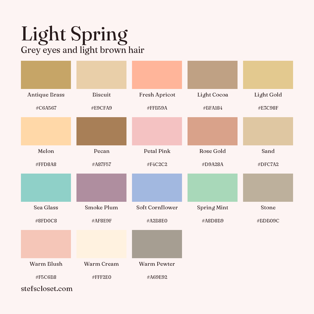 Light Spring palette: 18 colors, Antique Brass, Biscuit, Fresh Apricot, and more, each with its hex code.