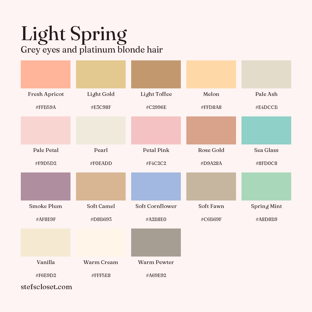 Light Spring palette: 18 colors, Fresh Apricot, Light Gold, Light Toffee, and more, each with its hex code.