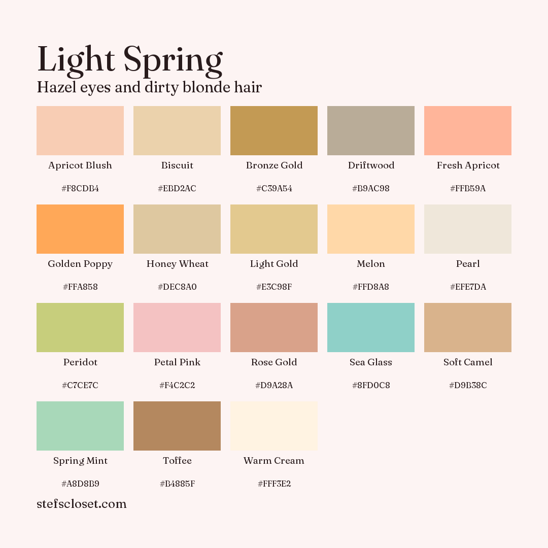 Light Spring palette: 18 colors, Apricot Blush, Biscuit, Bronze Gold, and more, each with its hex code.