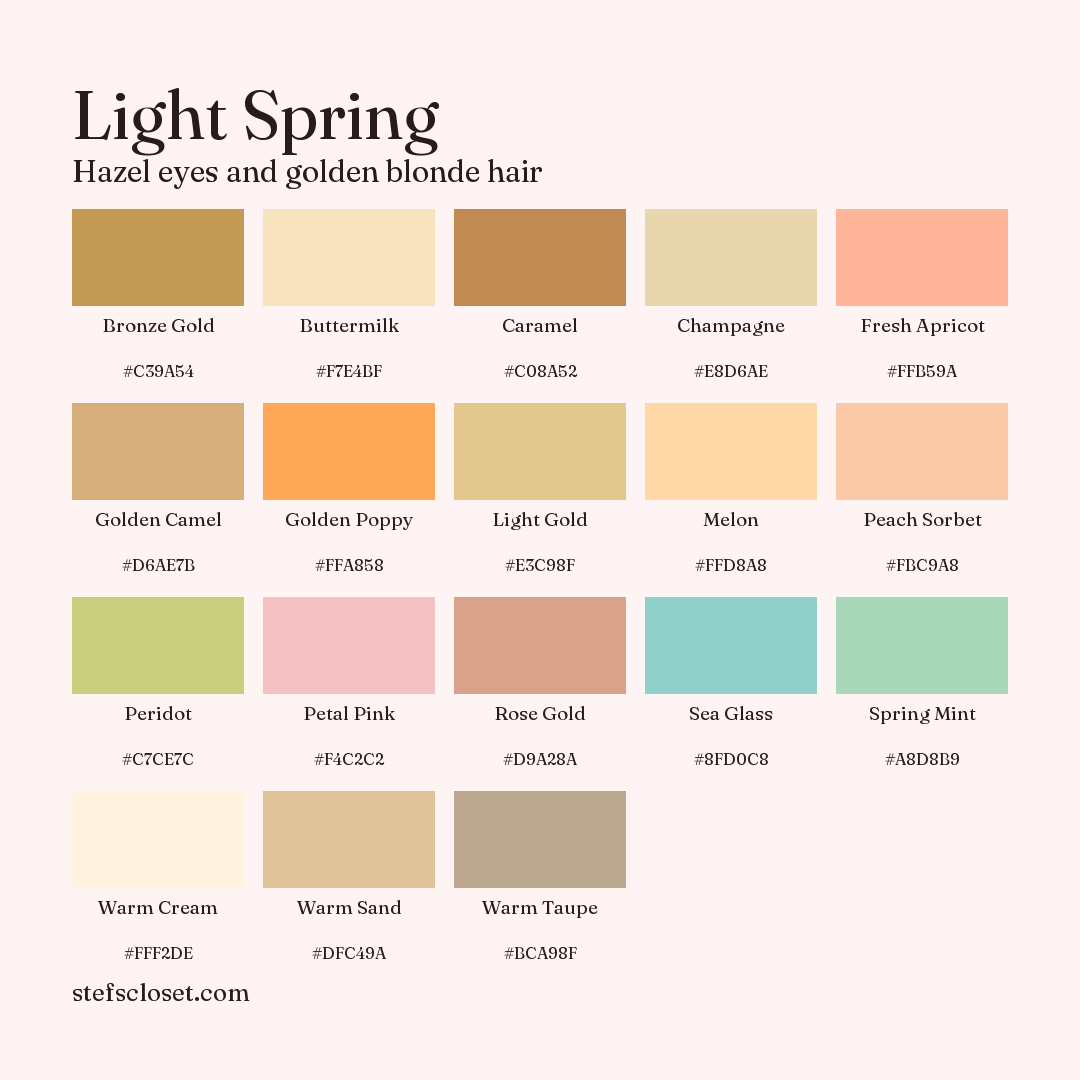 Light Spring palette: 18 colors, Bronze Gold, Buttermilk, Caramel, and more, each with its hex code.