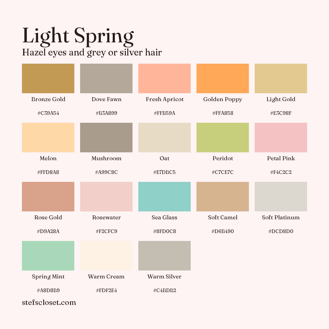 Light Spring palette: 18 colors, Bronze Gold, Dove Fawn, Fresh Apricot, and more, each with its hex code.