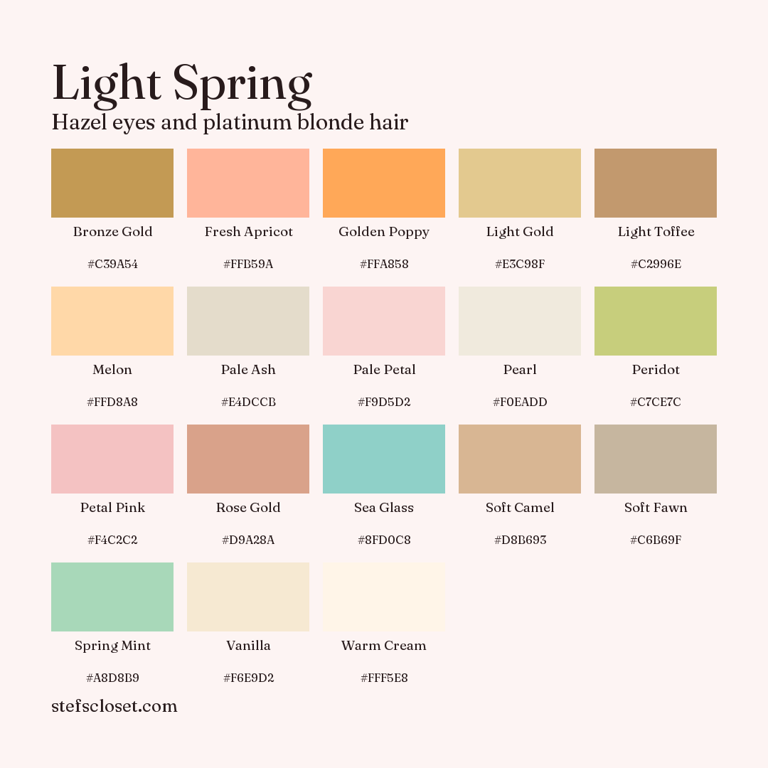 Light Spring palette: 18 colors, Bronze Gold, Fresh Apricot, Golden Poppy, and more, each with its hex code.