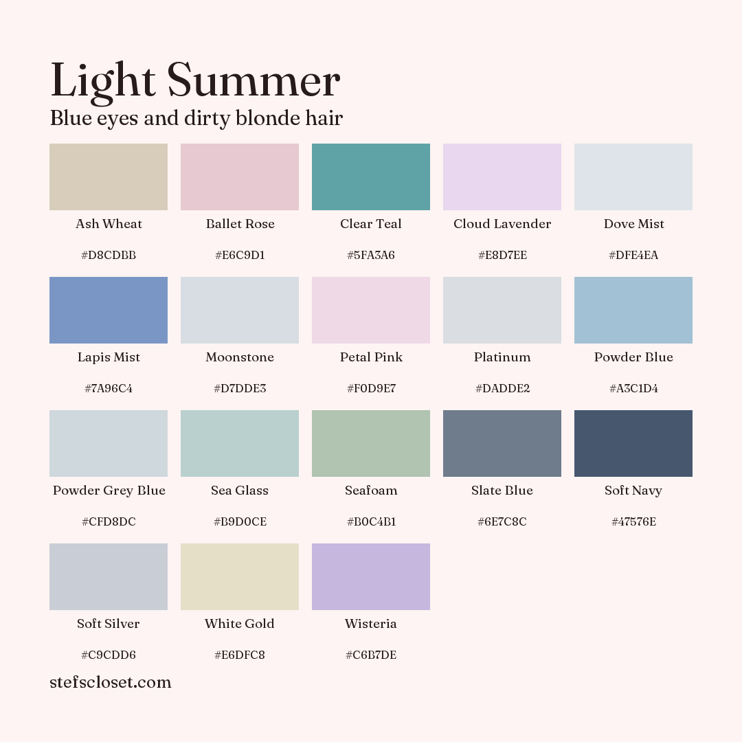 Light Summer palette: 18 colors, Ash Wheat, Ballet Rose, Clear Teal, and more, each with its hex code.