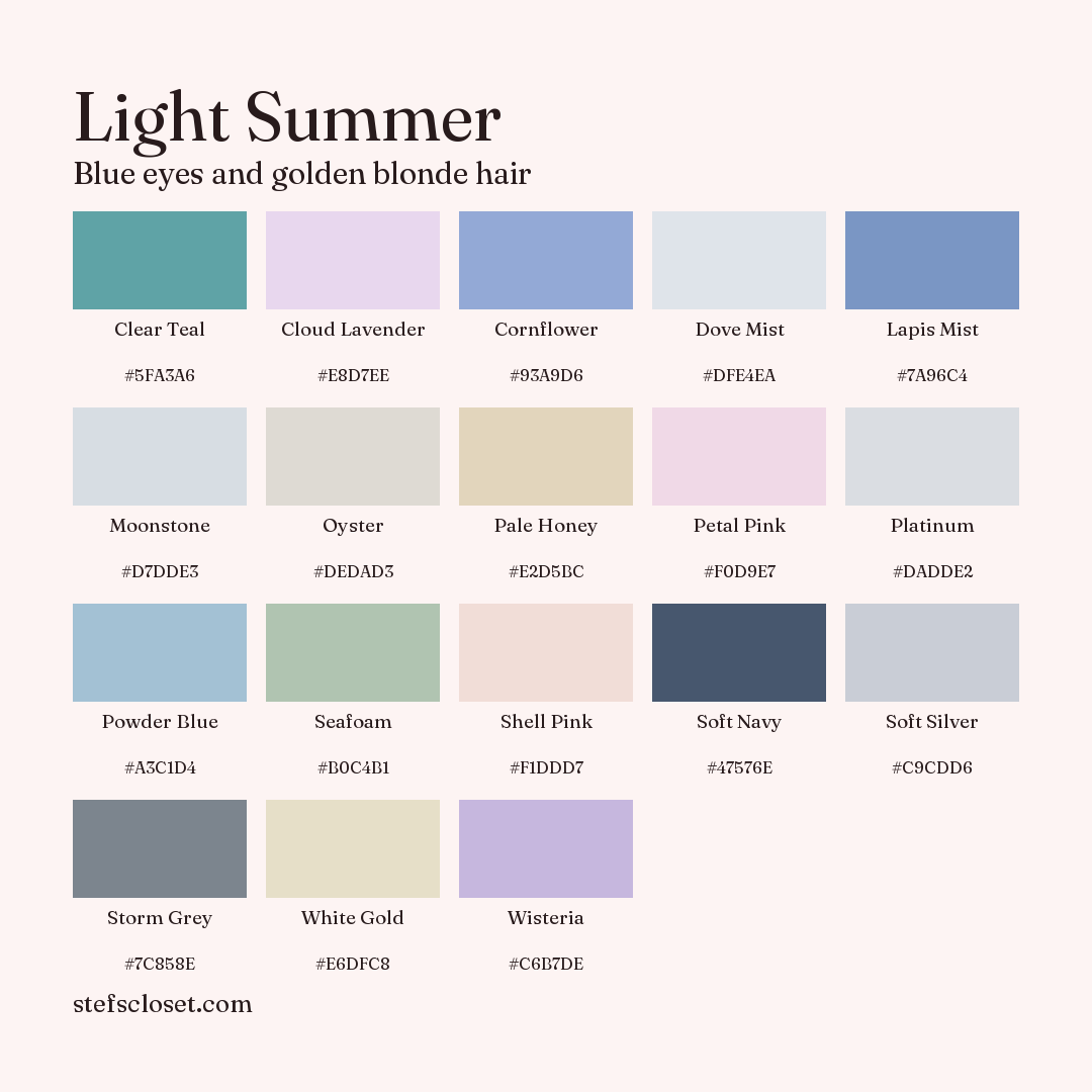 Light Summer palette: 18 colors, Clear Teal, Cloud Lavender, Cornflower, and more, each with its hex code.