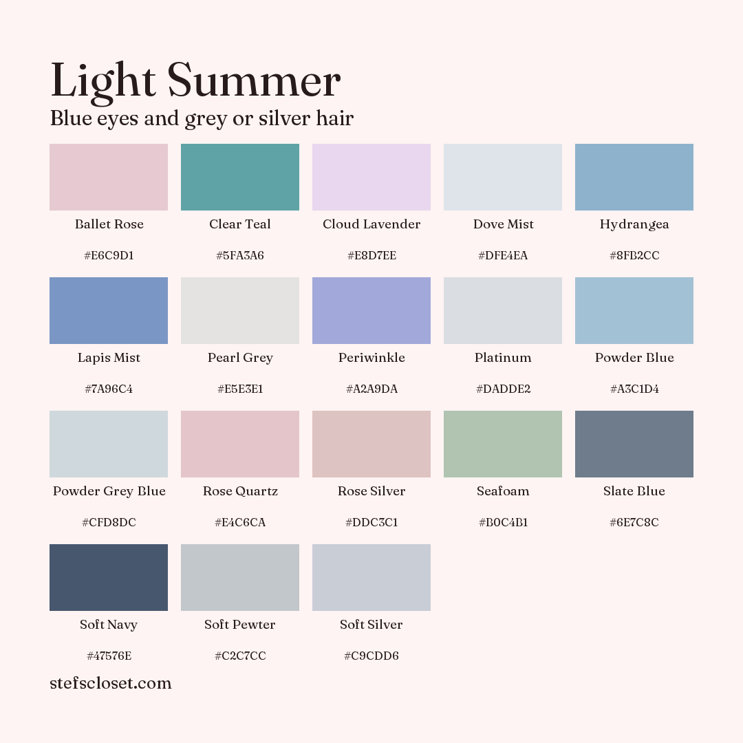Light Summer palette: 18 colors, Ballet Rose, Clear Teal, Cloud Lavender, and more, each with its hex code.
