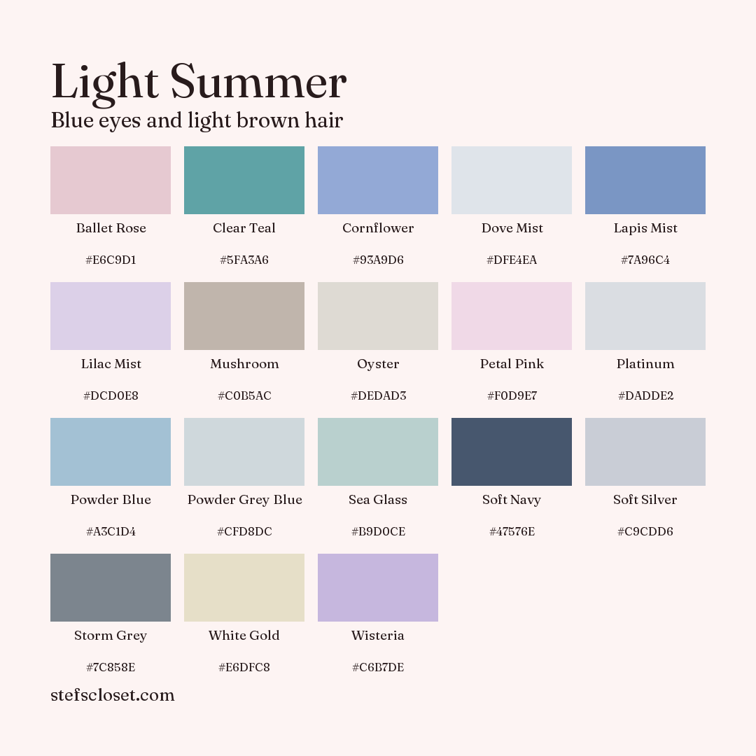 Light Summer palette: 18 colors, Ballet Rose, Clear Teal, Cornflower, and more, each with its hex code.
