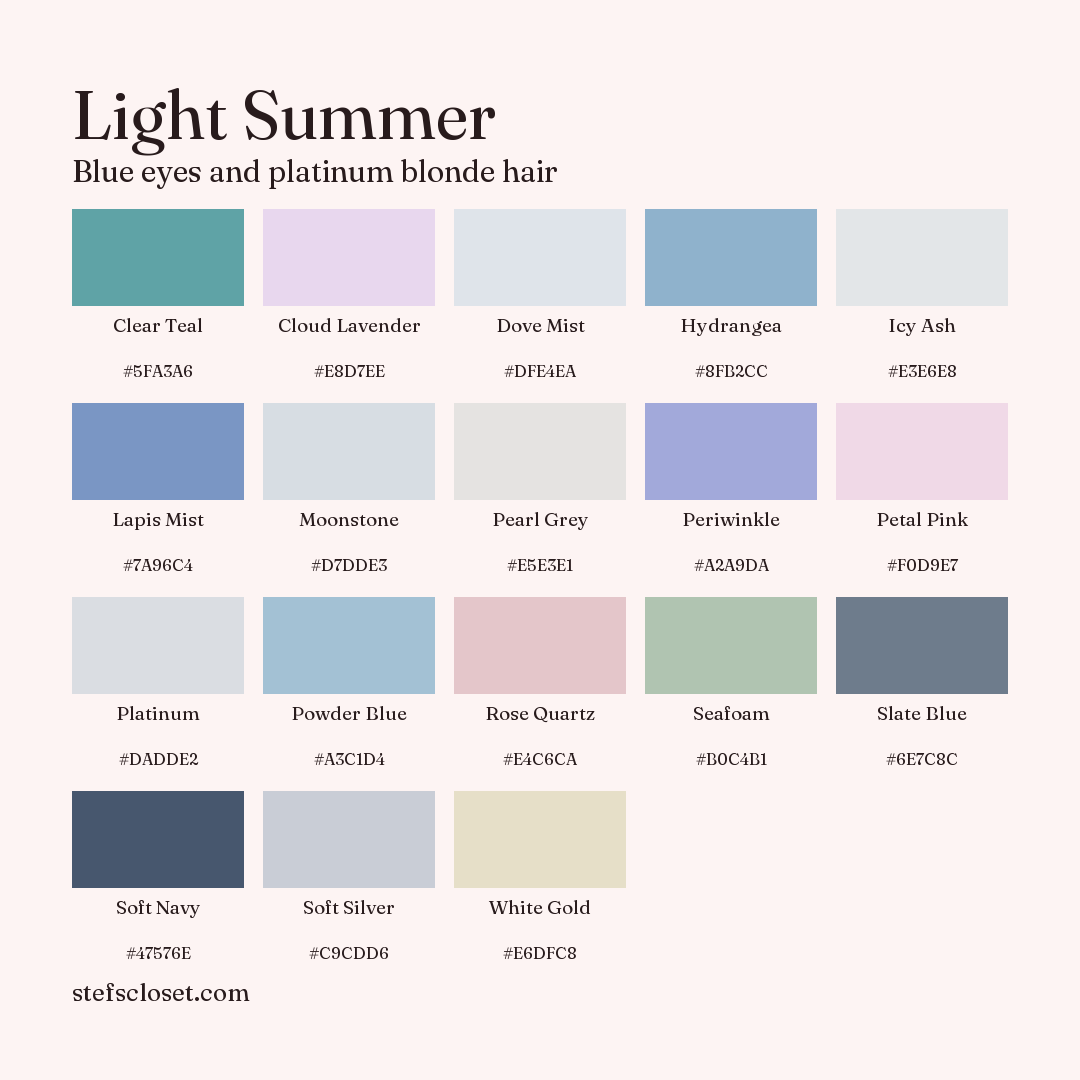 Light Summer palette: 18 colors, Clear Teal, Cloud Lavender, Dove Mist, and more, each with its hex code.