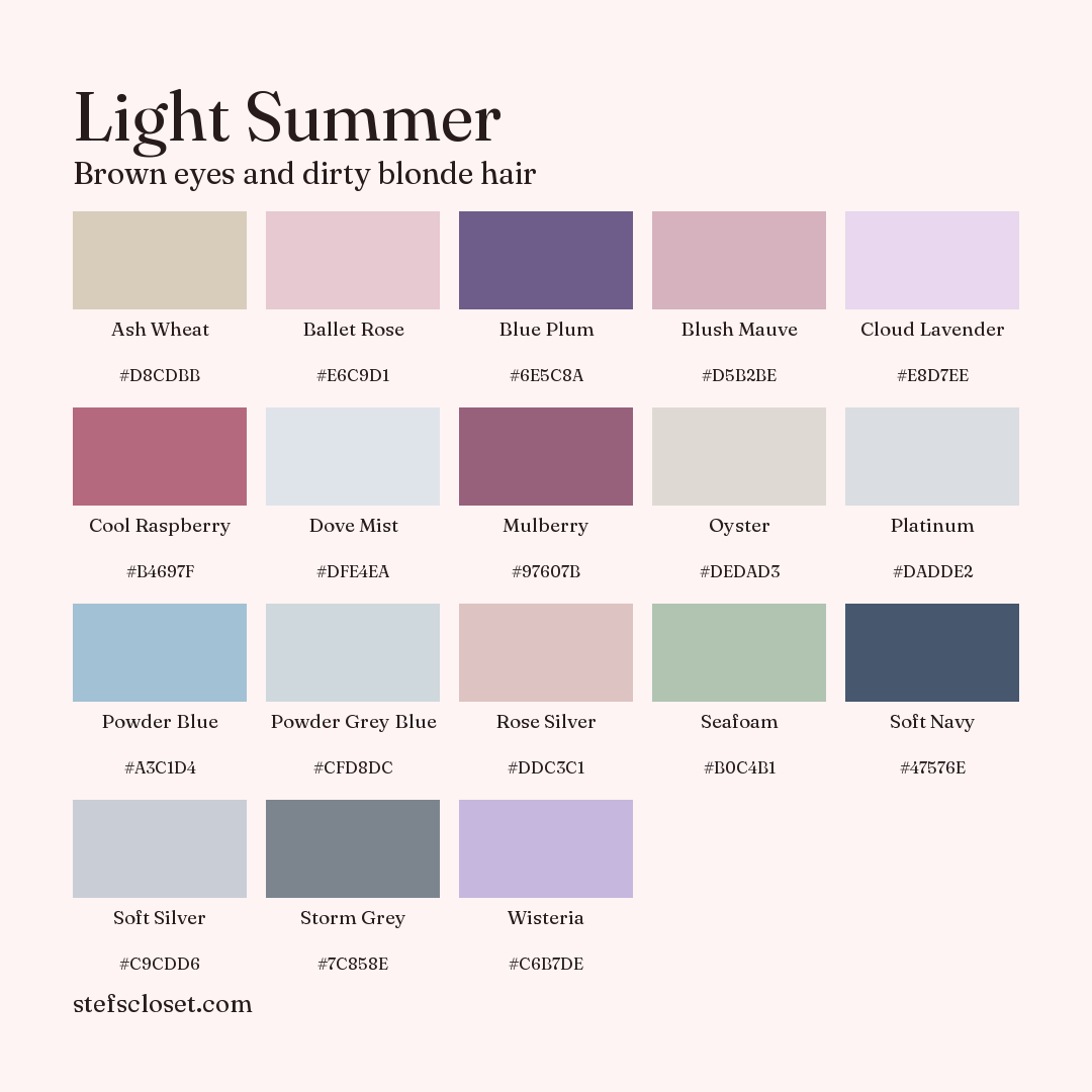 Light Summer palette: 18 colors, Ash Wheat, Ballet Rose, Blue Plum, and more, each with its hex code.