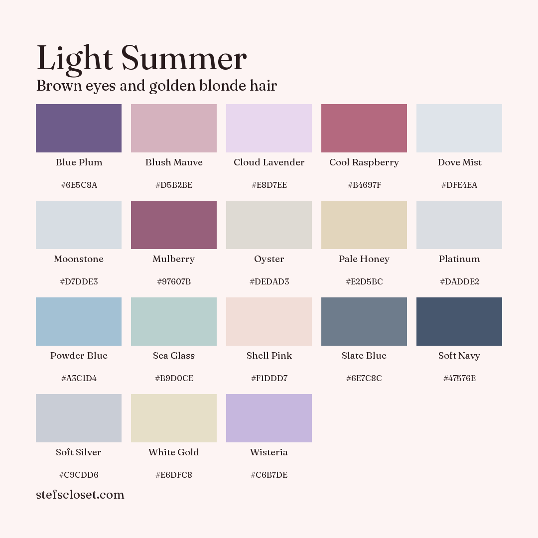 Light Summer palette: 18 colors, Blue Plum, Blush Mauve, Cloud Lavender, and more, each with its hex code.