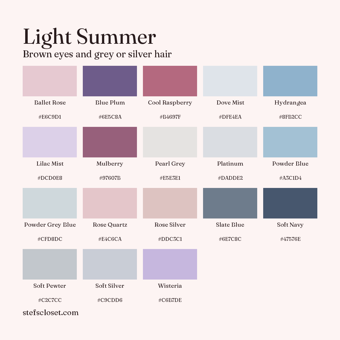 Light Summer palette: 18 colors, Ballet Rose, Blue Plum, Cool Raspberry, and more, each with its hex code.