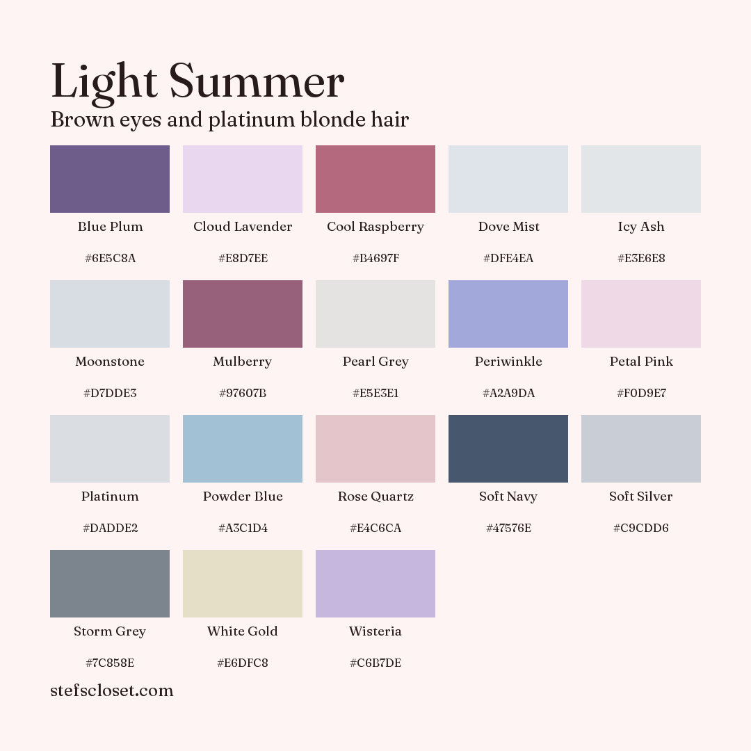 Light Summer palette: 18 colors, Blue Plum, Cloud Lavender, Cool Raspberry, and more, each with its hex code.