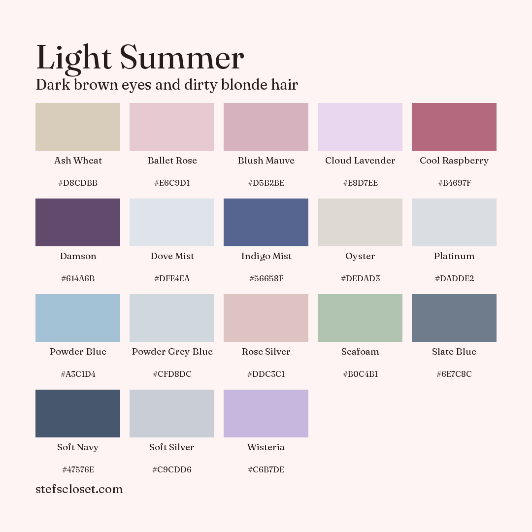 Light Summer palette: 18 colors, Ash Wheat, Ballet Rose, Blush Mauve, and more, each with its hex code.