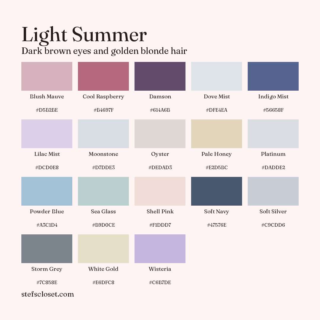 Light Summer palette: 18 colors, Blush Mauve, Cool Raspberry, Damson, and more, each with its hex code.