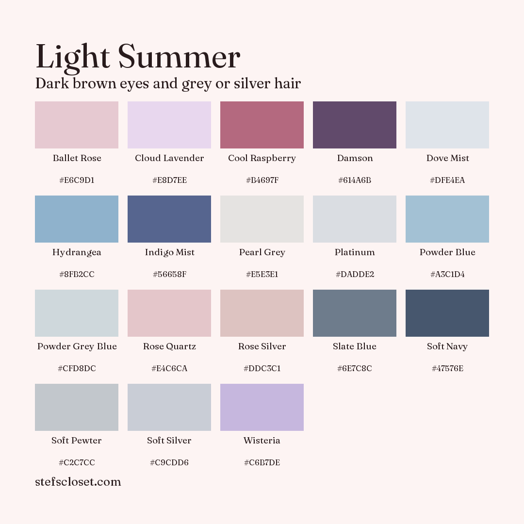 Light Summer palette: 18 colors, Ballet Rose, Cloud Lavender, Cool Raspberry, and more, each with its hex code.