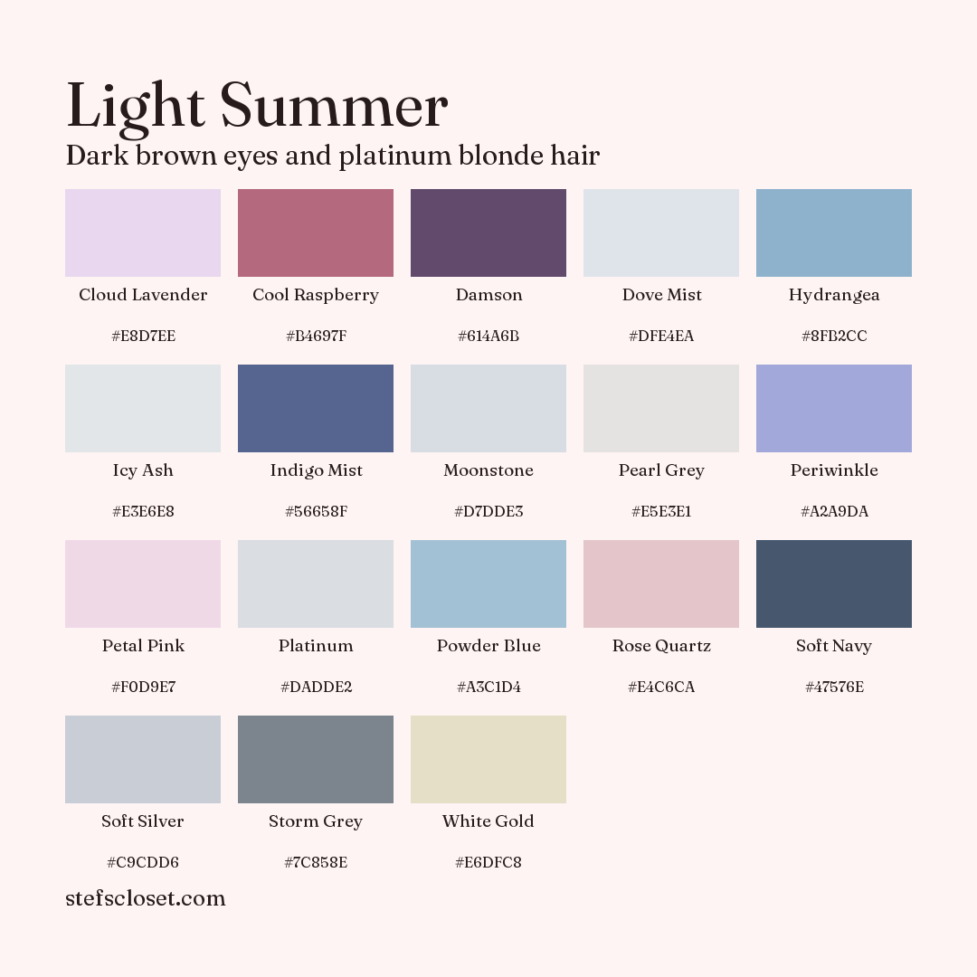 Light Summer palette: 18 colors, Cloud Lavender, Cool Raspberry, Damson, and more, each with its hex code.