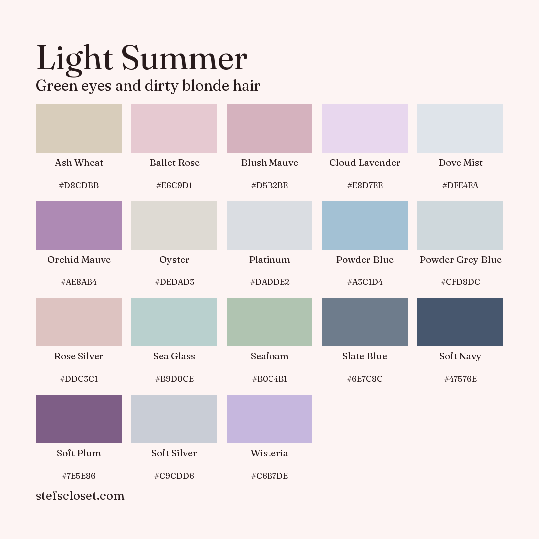 Light Summer palette: 18 colors, Ash Wheat, Ballet Rose, Blush Mauve, and more, each with its hex code.