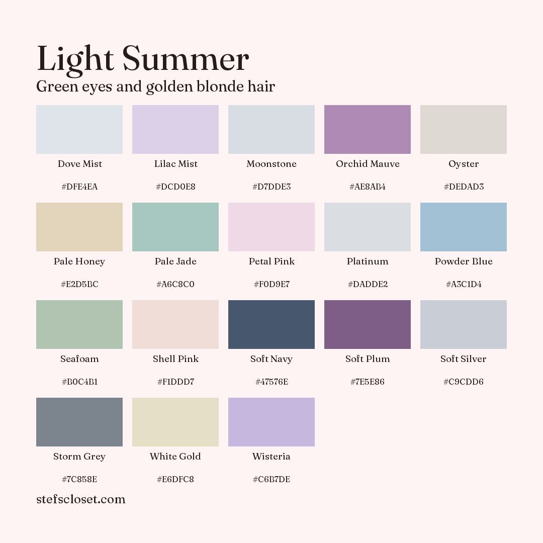 Light Summer palette: 18 colors, Dove Mist, Lilac Mist, Moonstone, and more, each with its hex code.