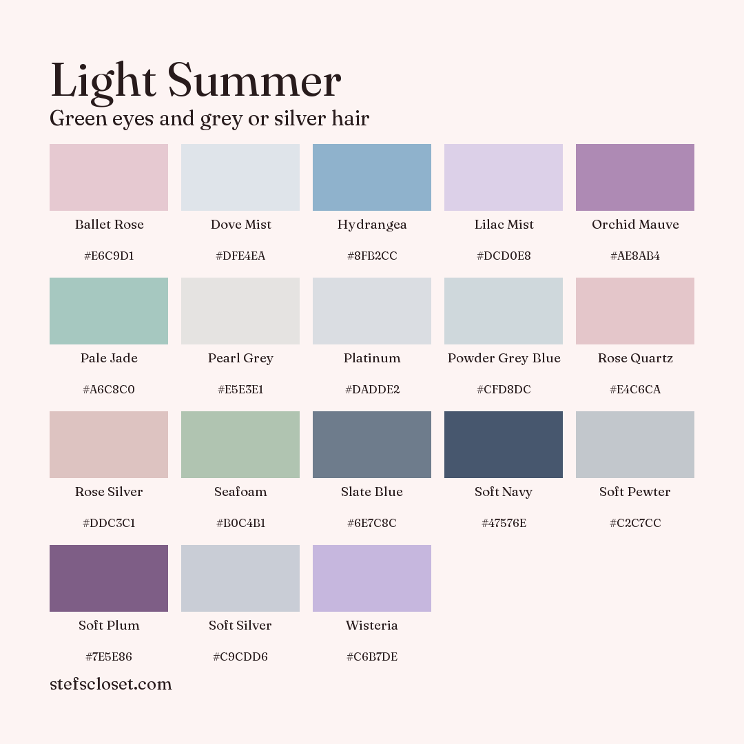 Light Summer palette: 18 colors, Ballet Rose, Dove Mist, Hydrangea, and more, each with its hex code.