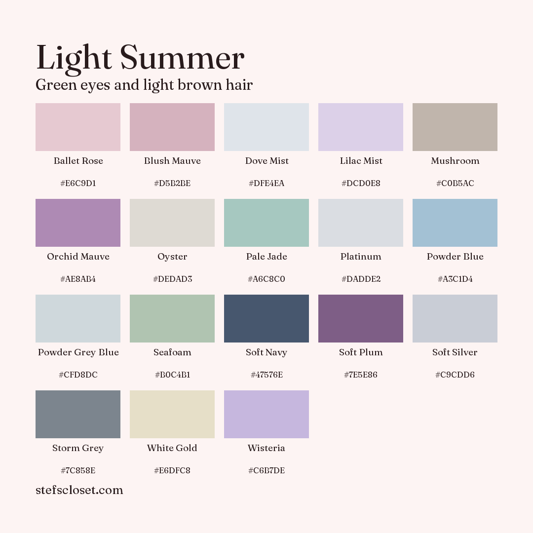 Light Summer palette: 18 colors, Ballet Rose, Blush Mauve, Dove Mist, and more, each with its hex code.